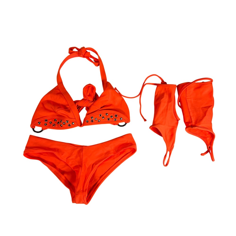 Vintage Neon Orange Studded Bikini Set w Arm Sleeves Grommet Detail Size Small